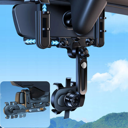 Tvirtas telefono laikiklis ant galinio vaizdo veidrodėlio