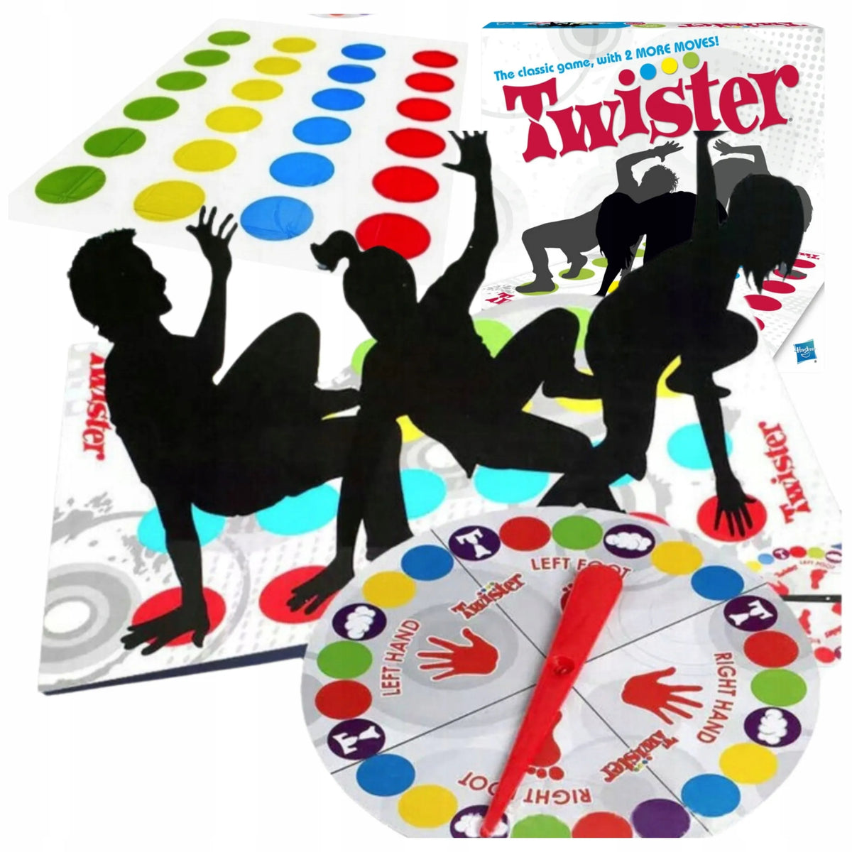 „Twister“ – šeimos vikrumo žaidimas vakarėliams, žaidimo kilimėlis ir sukamasis diskas