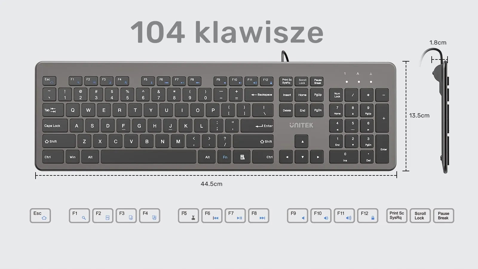 UNITEK SlimTap lengva laidinė biuro klaviatūra USB-A pilka pilka