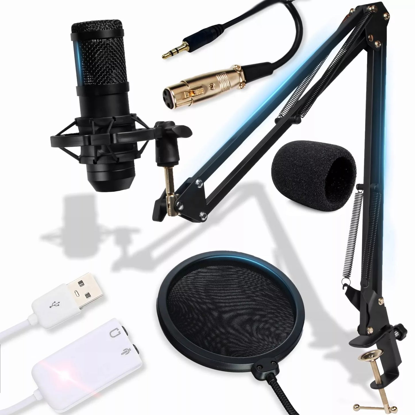 USB kondensatorinis mikrofonas žaidimams – su pop filtru ir stoveliu