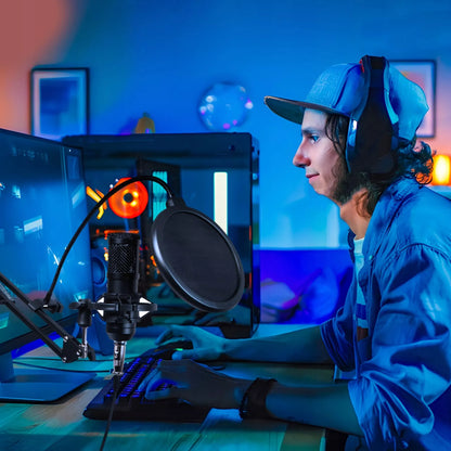 USB kondensatorinis mikrofonas žaidimams – su pop filtru ir stoveliu