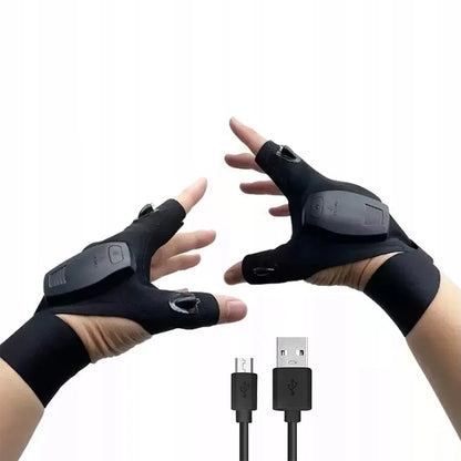 USB LED pirštinės su žibintuvėliu, įkraunamos USB