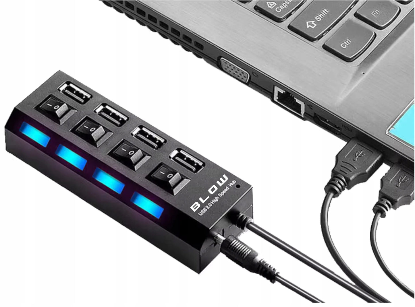 USB šakotuvas su 4 prievadais, jungikliu ir apšvietimu