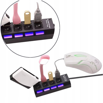 USB šakotuvas su 4 prievadais, jungikliu ir apšvietimu