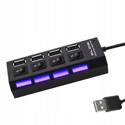 USB šakotuvas su 4 prievadais, jungikliu ir apšvietimu