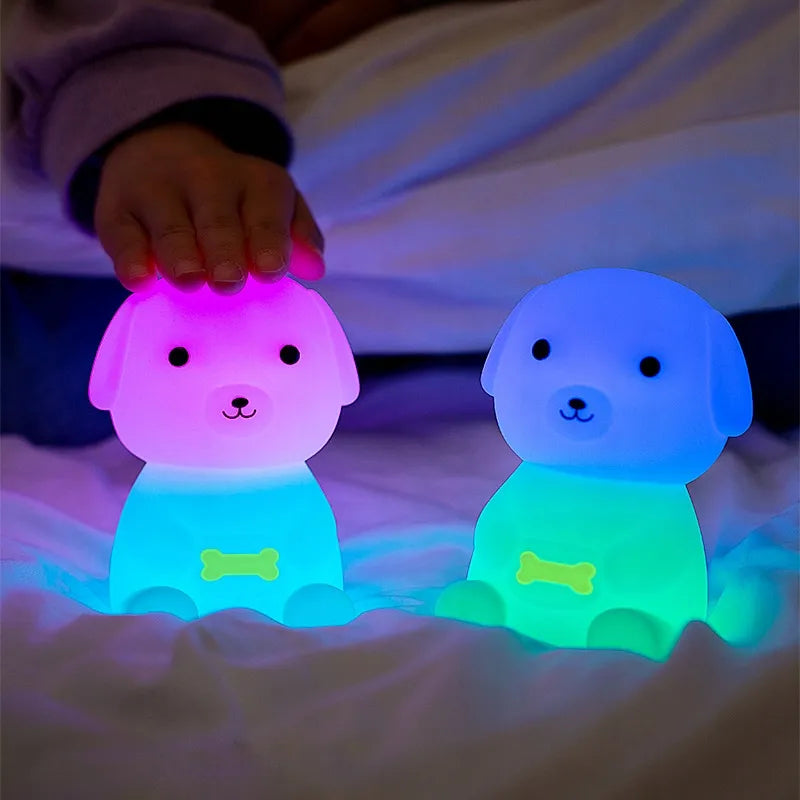 Vaikiška naktinė lemputė šuniukas, minkšta, spalvota RGB LED, USB, silikoninė