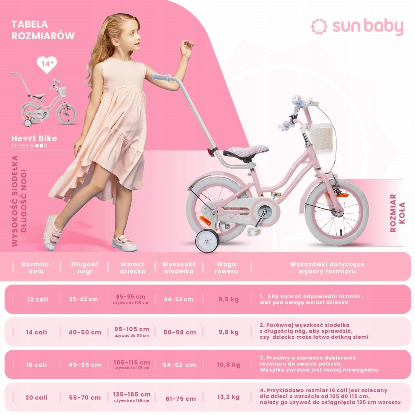 Vaikiškas 14 colių dviratis mergaitėms su stūmikliu, pagalbiniais ratukais, krepšeliu ir skambučiu Sun Baby Silver Moon