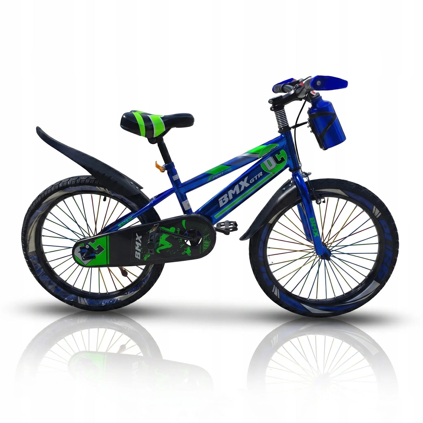 Vaikiškas dviratis 20 colių, chromuotas, mėlynas, BMX stiliaus, su atramine kojele, stipinais ir gertuve, 5-8 metų vaikams