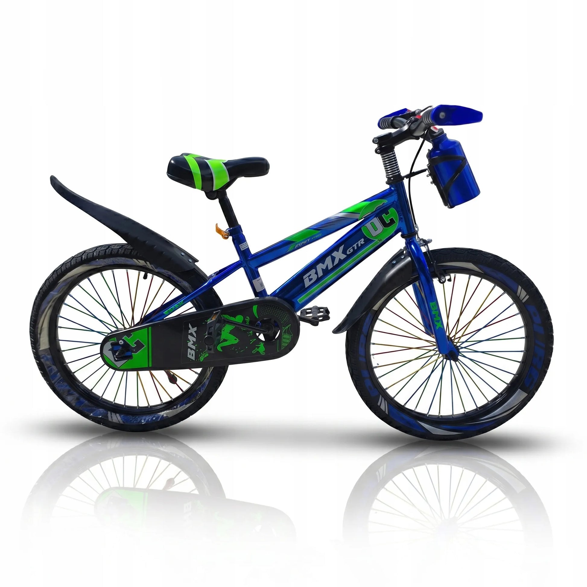 Vaikiškas dviratis 20 colių, chromuotas, mėlynas, BMX stiliaus, su atramine kojele, stipinais ir gertuve, 5-8 metų vaikams