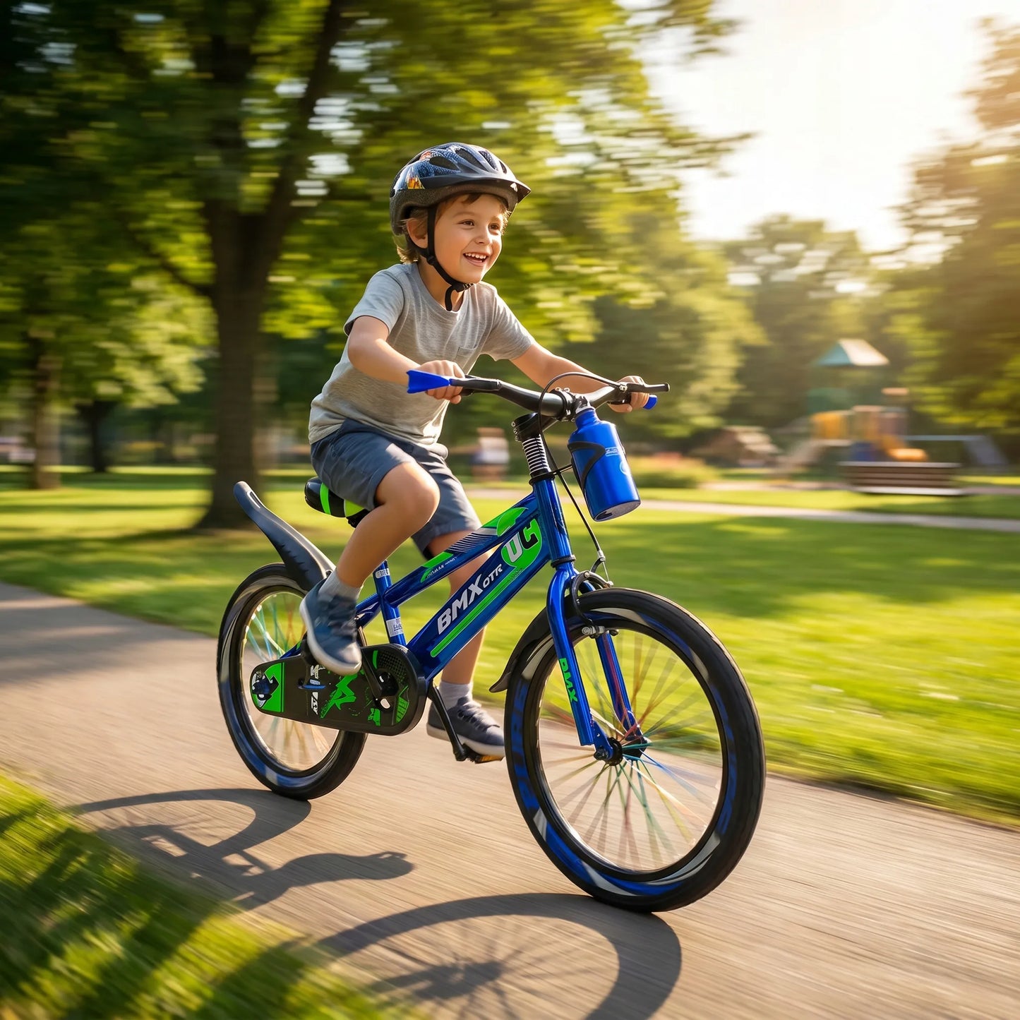Vaikiškas dviratis 20 colių, chromuotas, mėlynas, BMX stiliaus, su atramine kojele, stipinais ir gertuve, 5-8 metų vaikams
