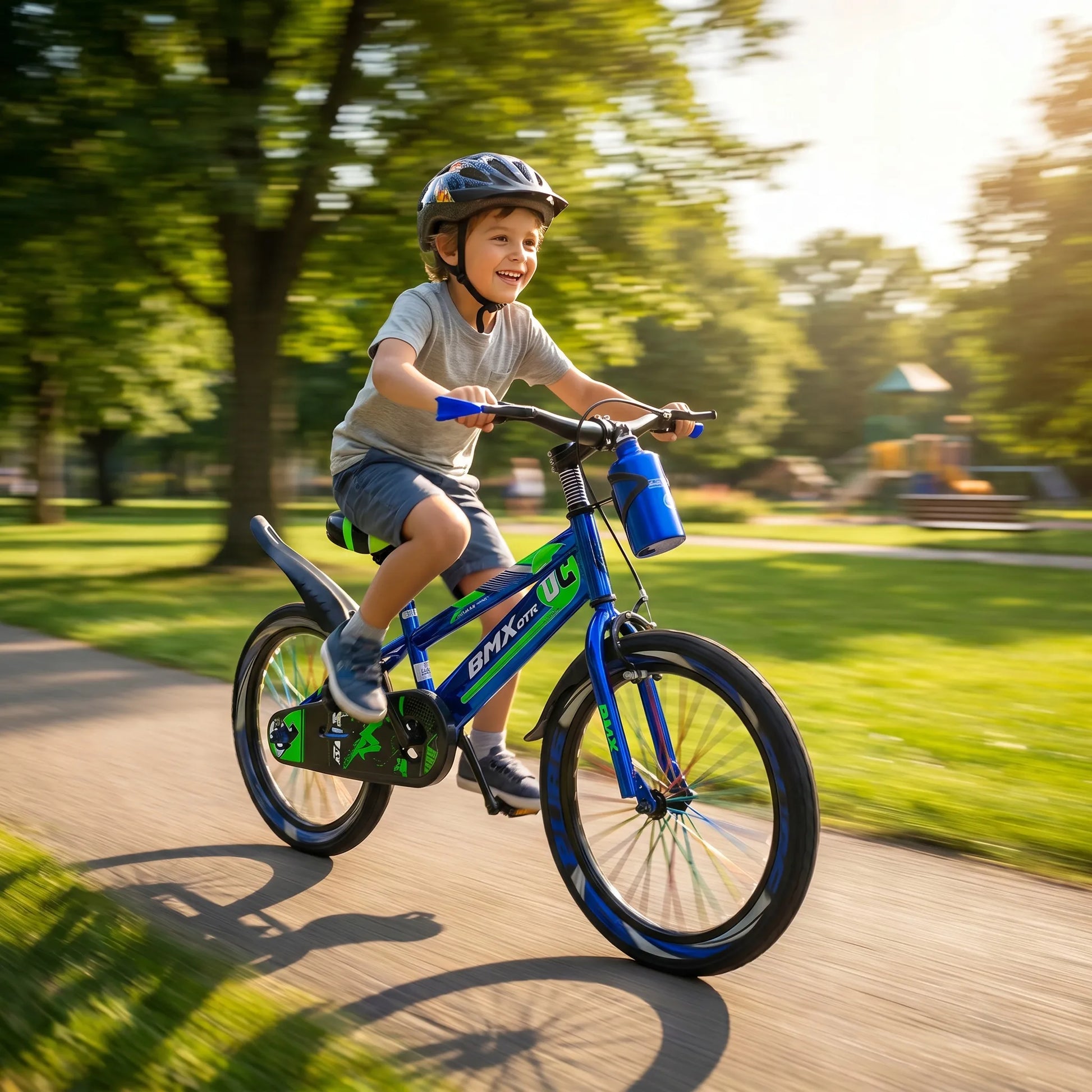 Vaikiškas dviratis 20 colių, chromuotas, mėlynas, BMX stiliaus, su atramine kojele, stipinais ir gertuve, 5-8 metų vaikams