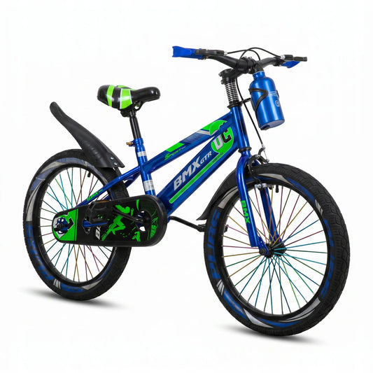 Vaikiškas dviratis 20 colių, chromuotas, mėlynas, BMX stiliaus, su atramine kojele, stipinais ir gertuve, 5-8 metų vaikams
