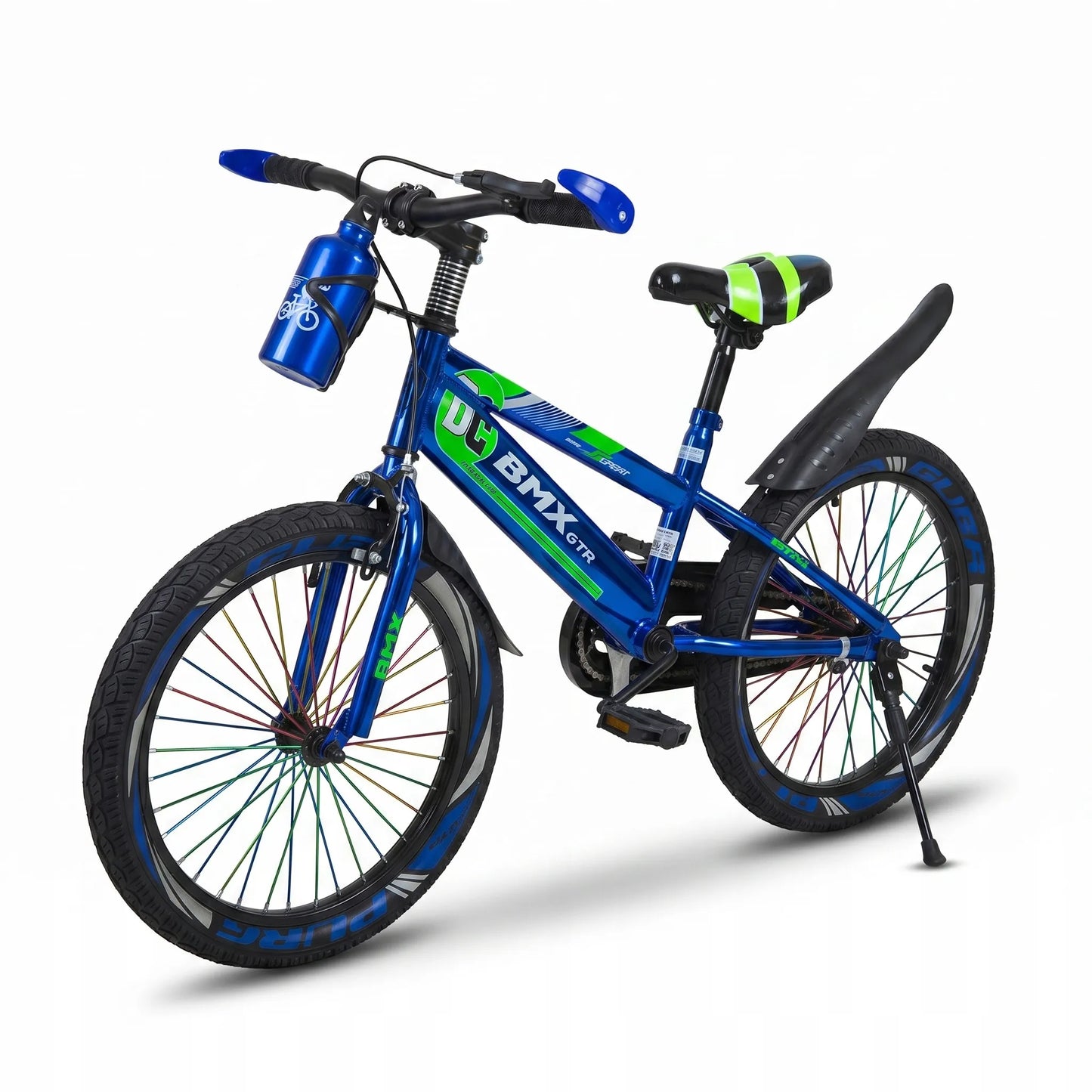 Vaikiškas dviratis 20 colių, chromuotas, mėlynas, BMX stiliaus, su atramine kojele, stipinais ir gertuve, 5-8 metų vaikams