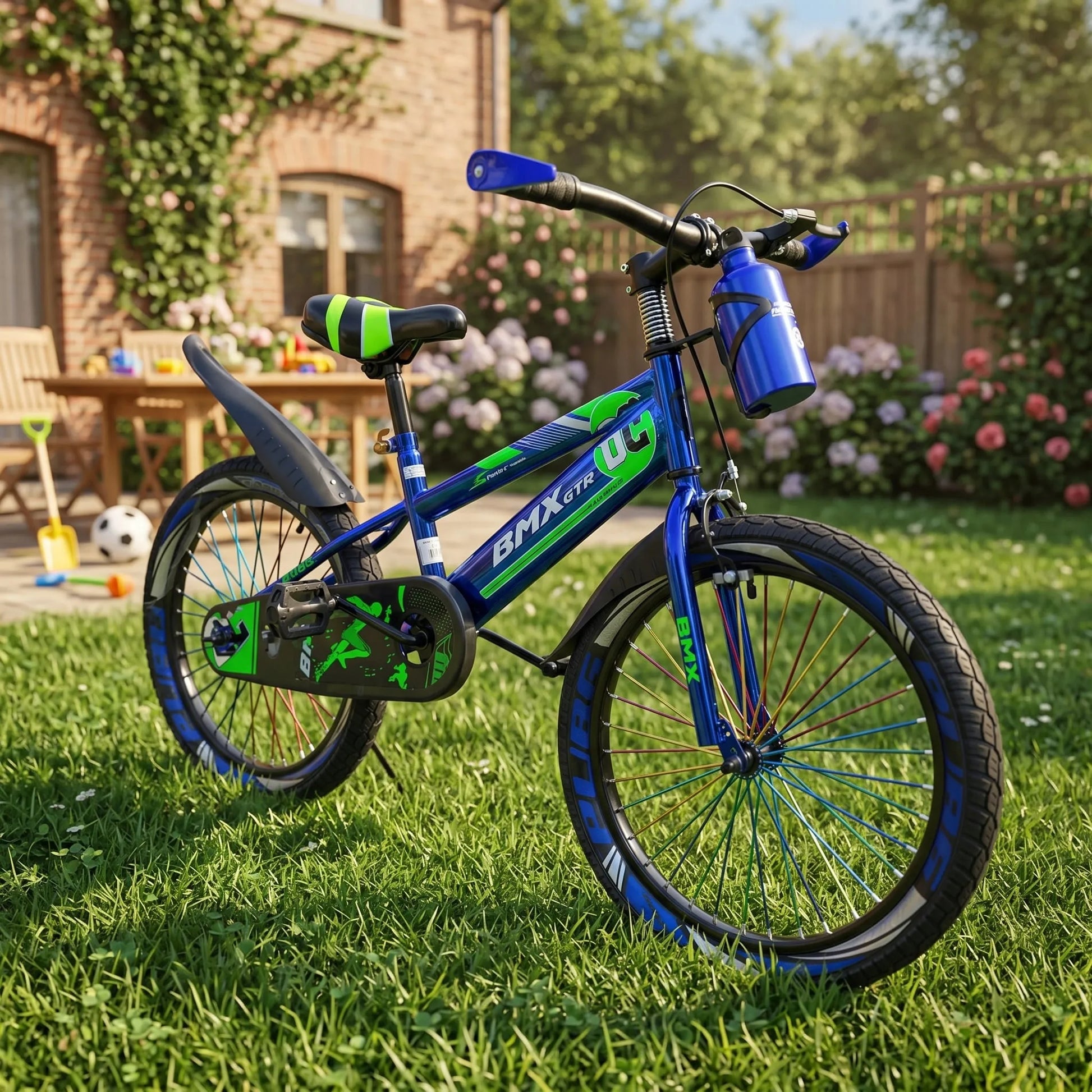 Vaikiškas dviratis 20 colių, chromuotas, mėlynas, BMX stiliaus, su atramine kojele, stipinais ir gertuve, 5-8 metų vaikams