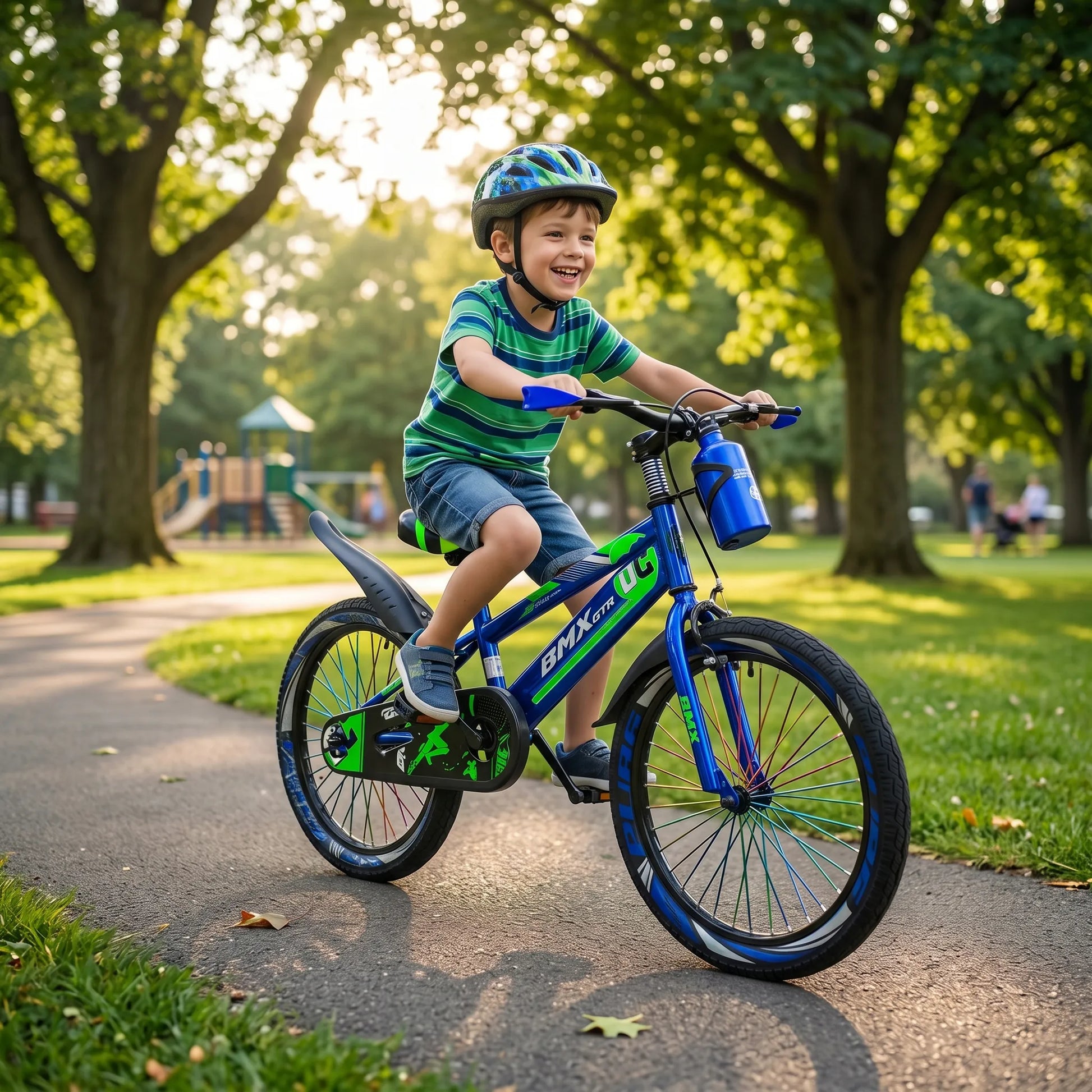 Vaikiškas dviratis 20 colių, chromuotas, mėlynas, BMX stiliaus, su atramine kojele, stipinais ir gertuve, 5-8 metų vaikams