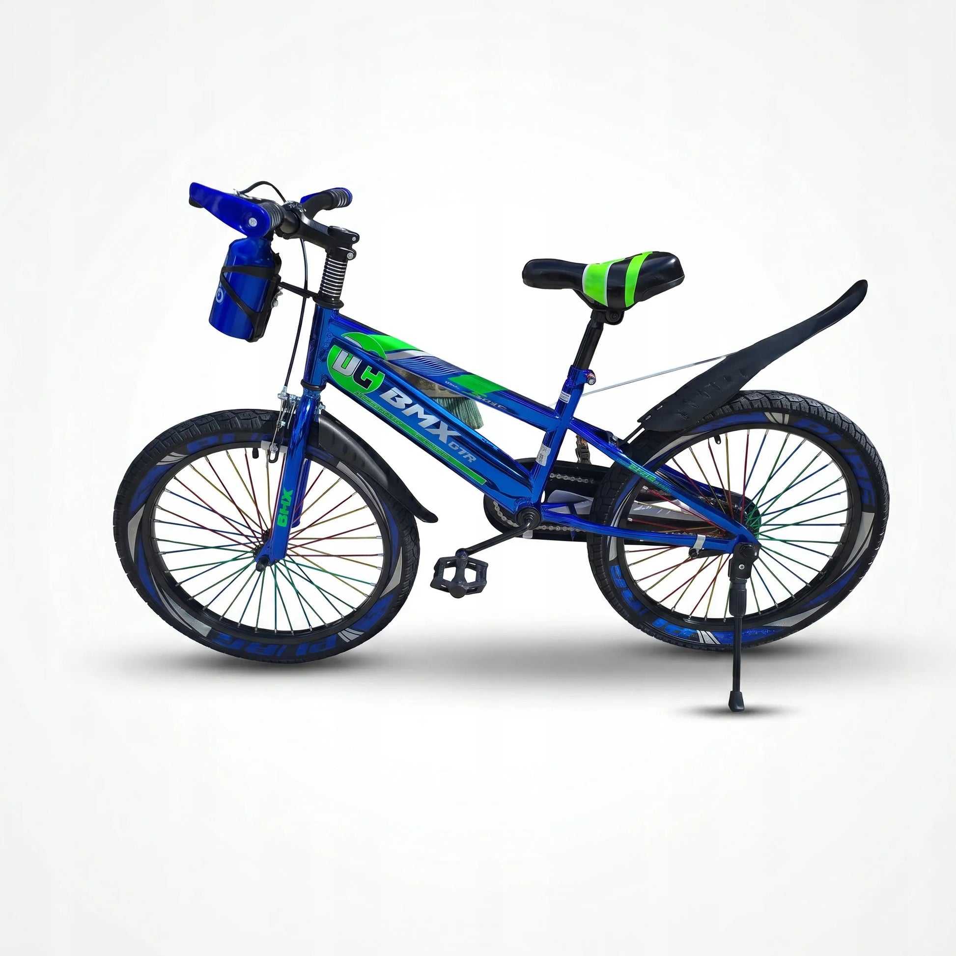 Vaikiškas dviratis 20 colių, chromuotas, mėlynas, BMX stiliaus, su atramine kojele, stipinais ir gertuve, 5-8 metų vaikams