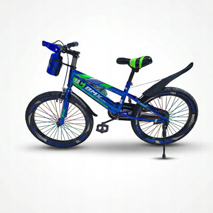 Vaikiškas dviratis 20 colių, chromuotas, mėlynas, BMX stiliaus, su atramine kojele, stipinais ir gertuve, 5-8 metų vaikams