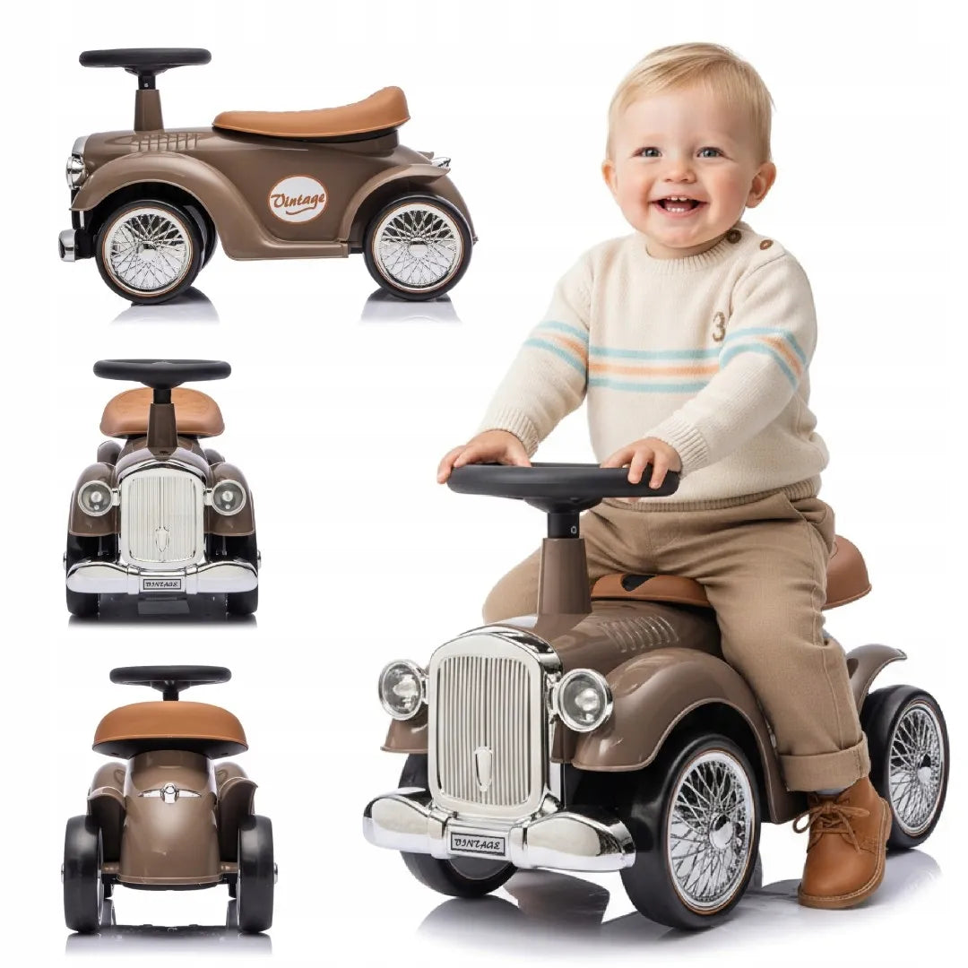 Vaikiškas paspirtukas lenktyninis automobilis Retro vaikštynė stumdukas rudas