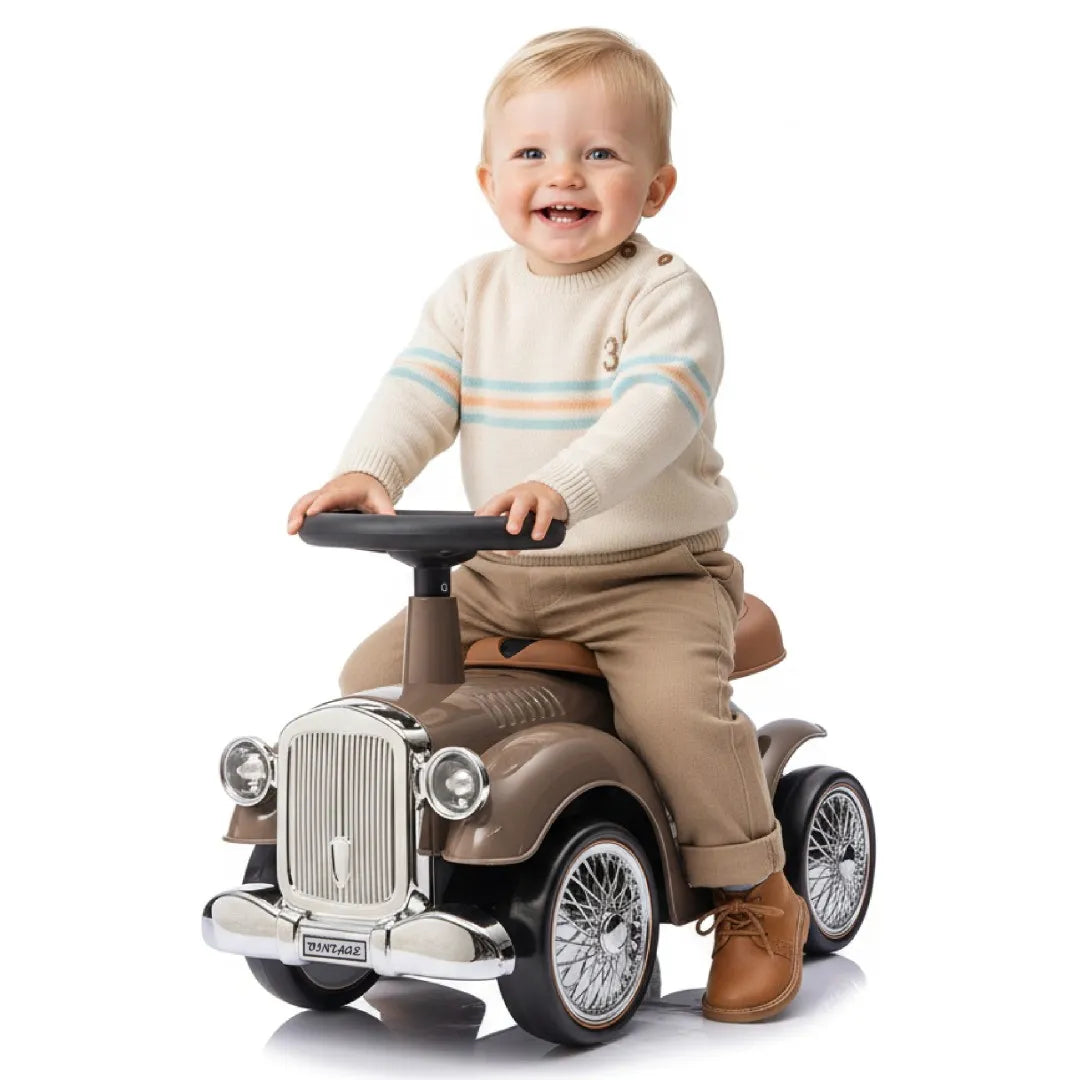 Vaikiškas paspirtukas lenktyninis automobilis Retro vaikštynė stumdukas rudas