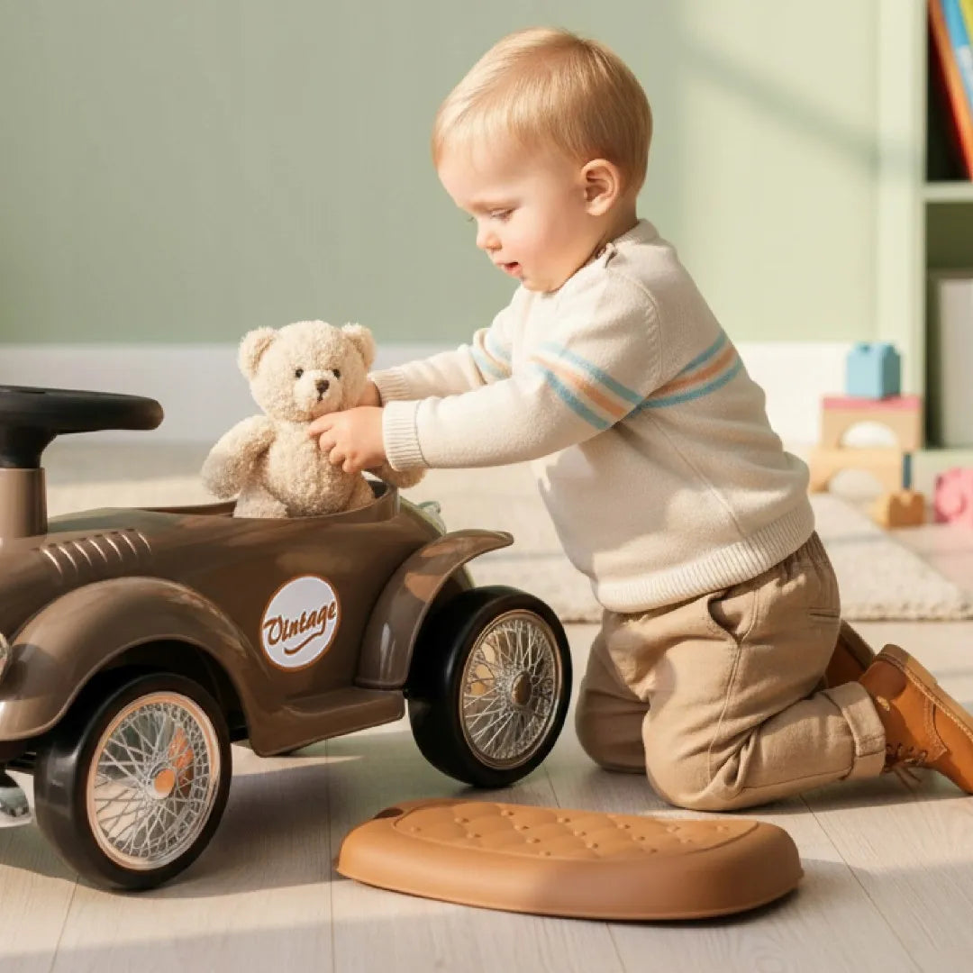 Vaikiškas paspirtukas lenktyninis automobilis Retro vaikštynė stumdukas rudas