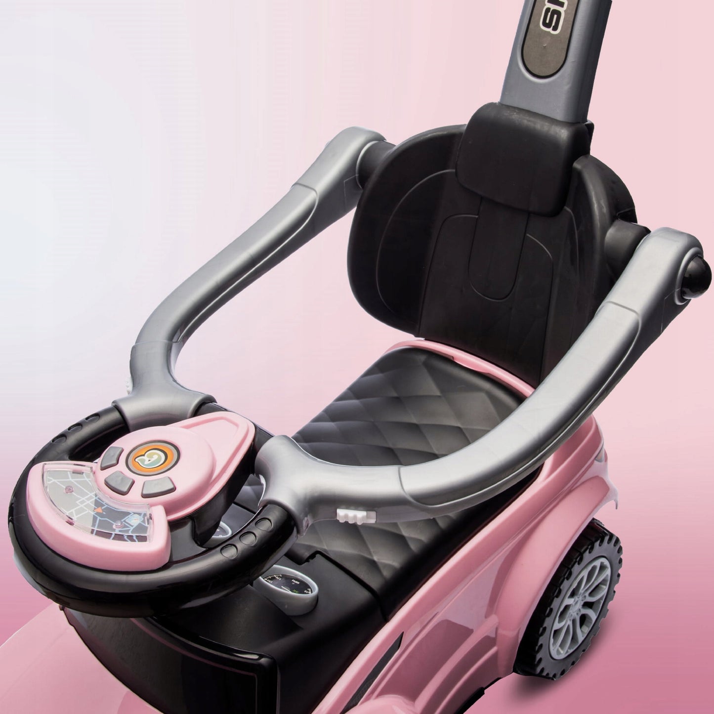 Vaikiškas paspirtukas-vaikštynė su rankena ir saugos lanku Sport car rožinis SUN BABY