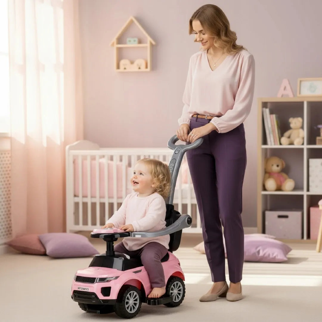 Vaikiškas paspirtukas-vaikštynė su rankena ir saugos lanku Sport car rožinis SUN BABY