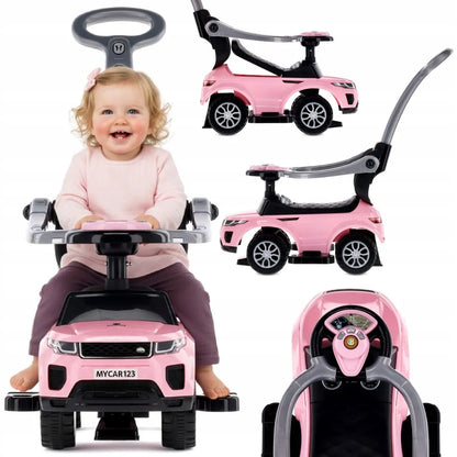 Vaikiškas paspirtukas-vaikštynė su rankena ir saugos lanku Sport car rožinis SUN BABY