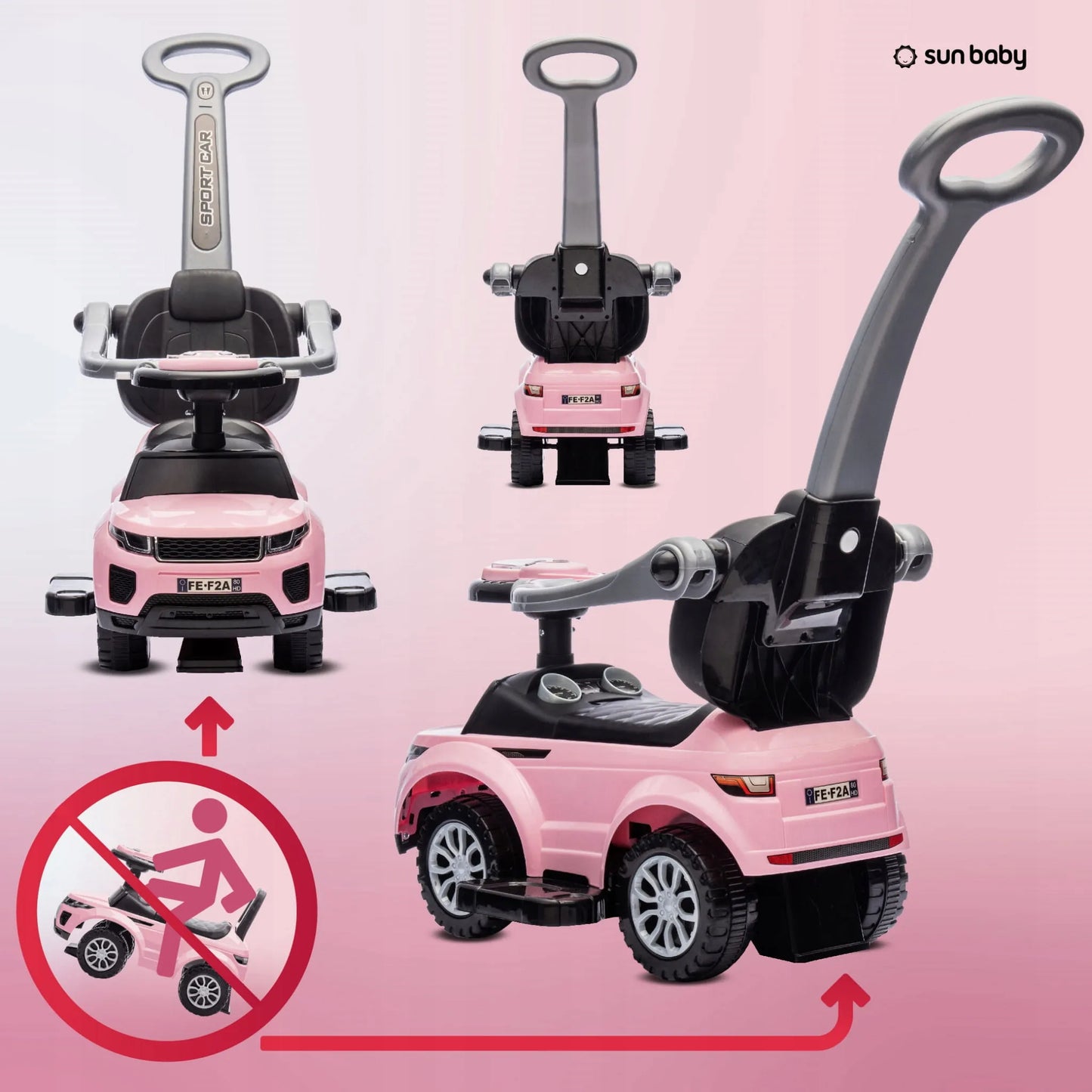 Vaikiškas paspirtukas-vaikštynė su rankena ir saugos lanku Sport car rožinis SUN BABY