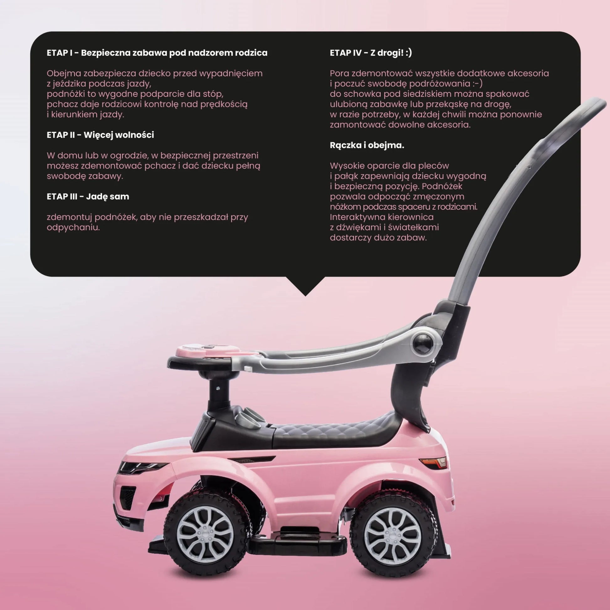 Vaikiškas paspirtukas-vaikštynė su rankena ir saugos lanku Sport car rožinis SUN BABY