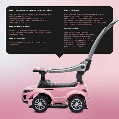 Vaikiškas paspirtukas-vaikštynė su rankena ir saugos lanku Sport car rožinis SUN BABY