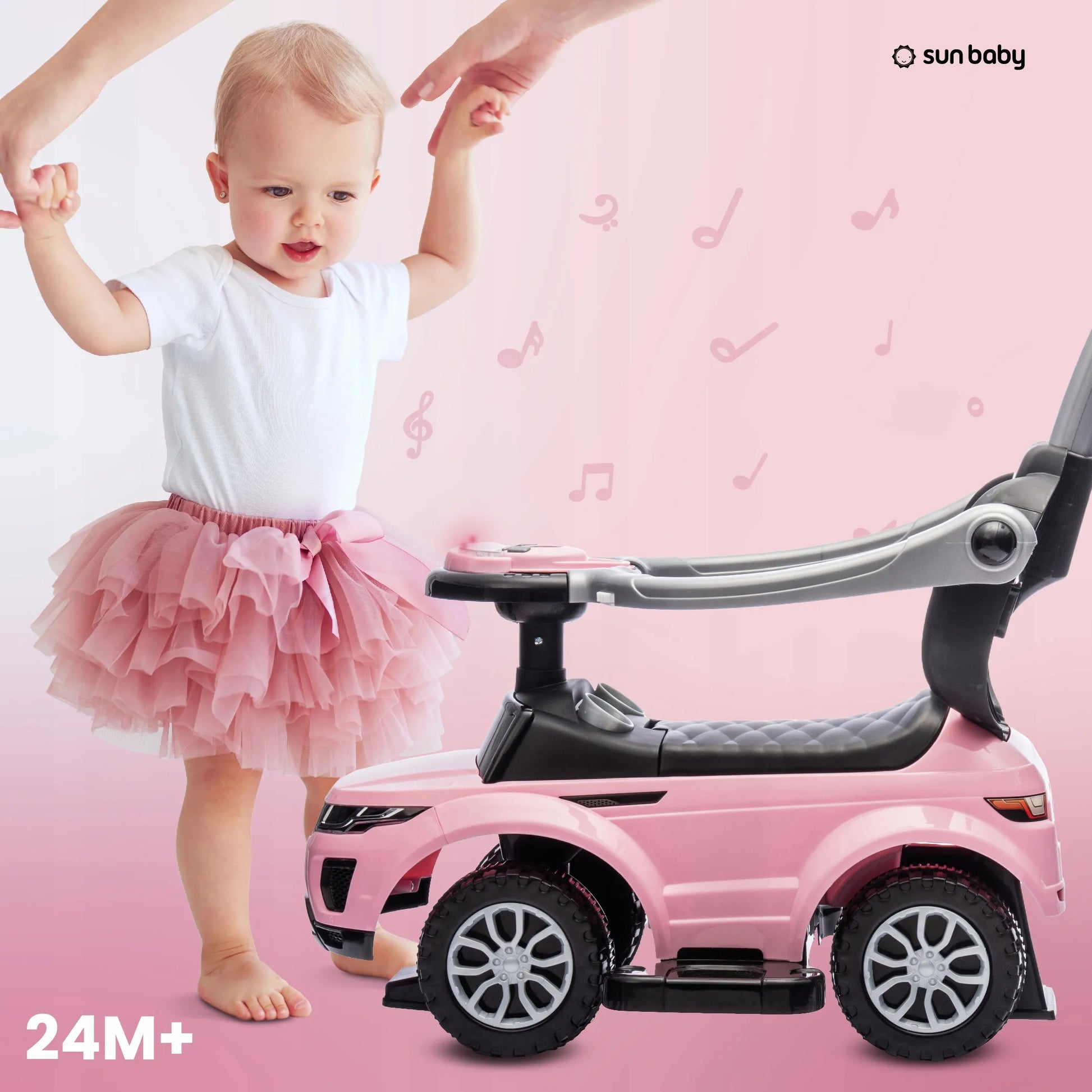 Vaikiškas paspirtukas-vaikštynė su rankena ir saugos lanku Sport car rožinis SUN BABY