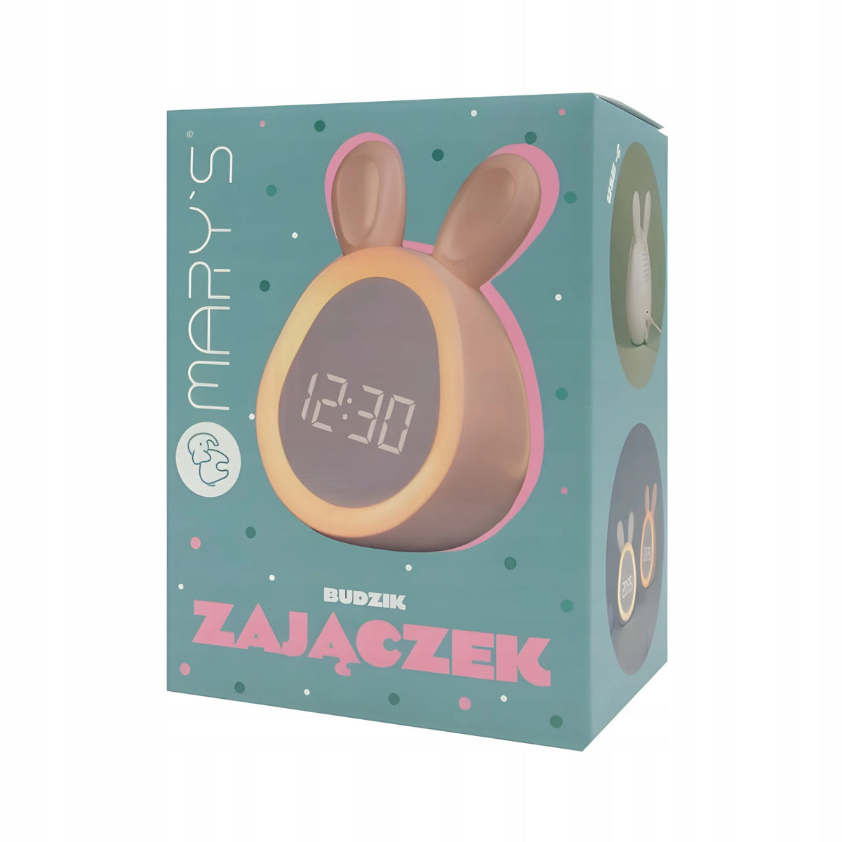 Vaikiškas rausvas žadintuvas-lampelė „Zuikutis“ su ausytėmis, USB įkrovimas