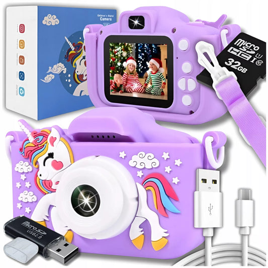Vaikiškas skaitmeninis fotoaparatas „ZeeTech“ su vienaragiu, 40 Mpx, žaidimai, 32 GB kortelė