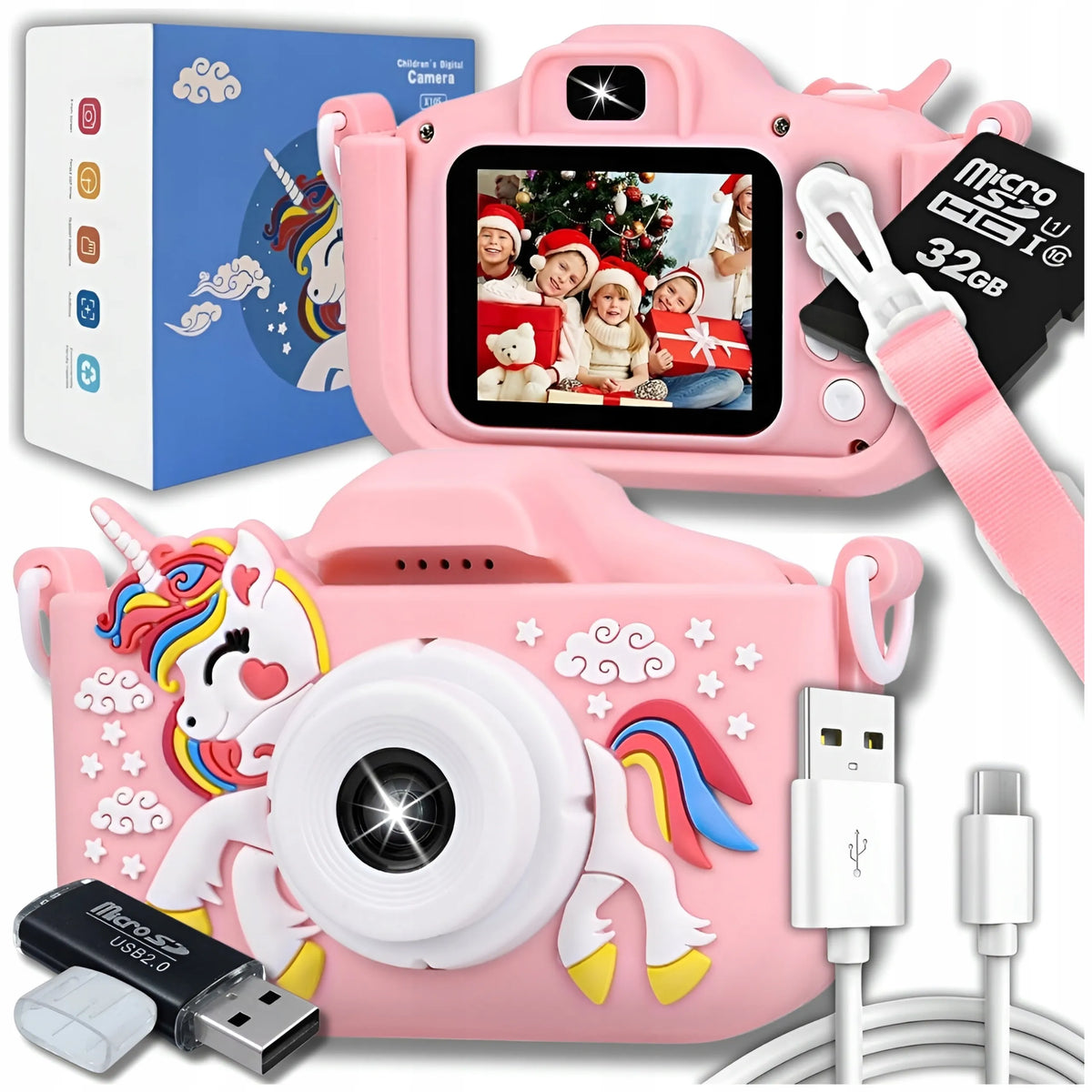 Vaikiškas skaitmeninis fotoaparatas „ZeeTech“ su vienaragiu, 40 Mpx, žaidimai, 32 GB kortelė