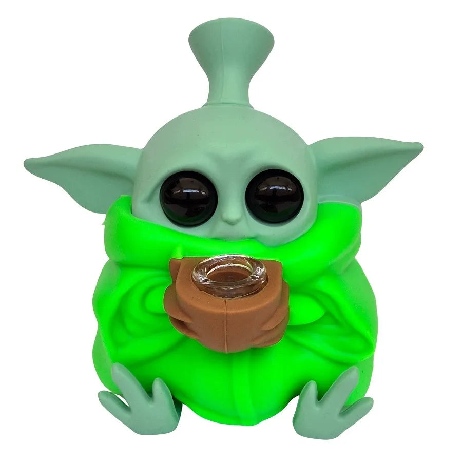 Vandens pypkė „Yoda“, silikonas ir stiklas, 13 cm, žalia