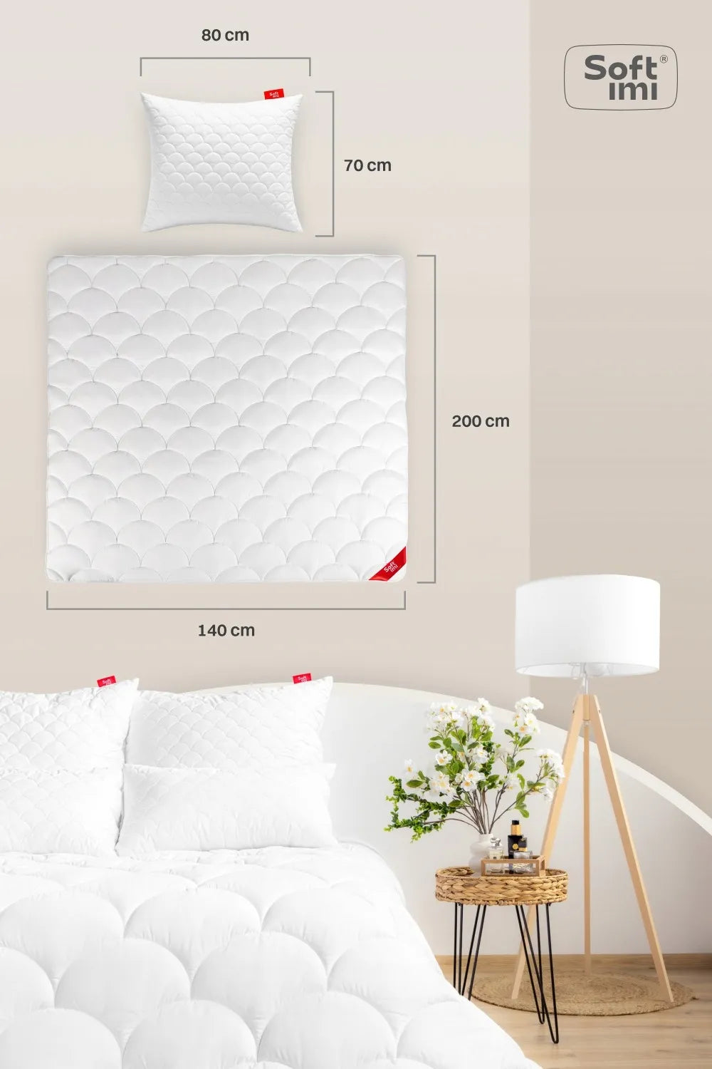 Vasarinė antialerginė antklodė 140x200 + 1 pagalvė 70x80 lengva balta komplektas