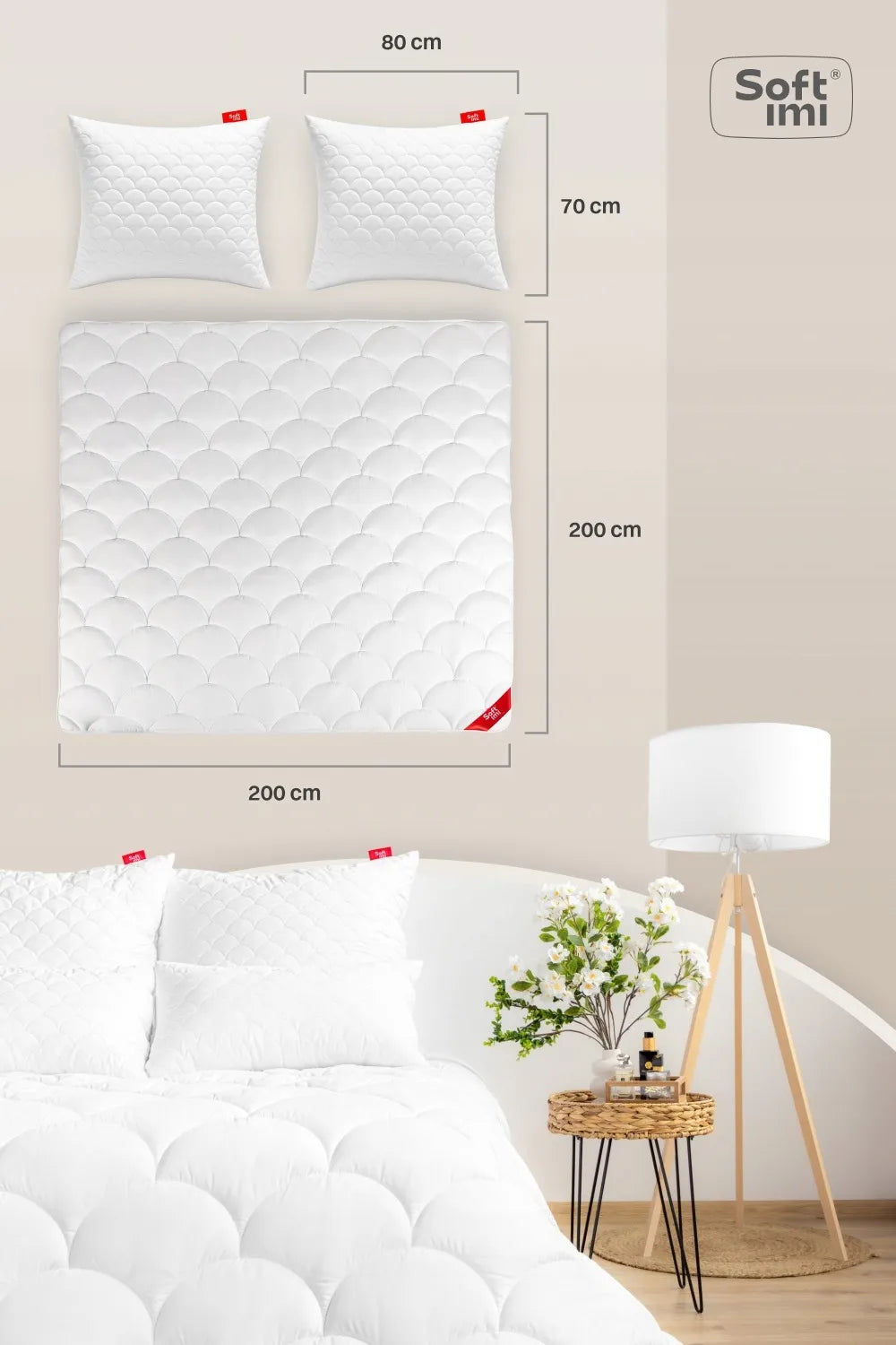 Visasezoninė antialerginė antklodė 200x200 + 2 pagalvės 70x80 Softimi komplektas