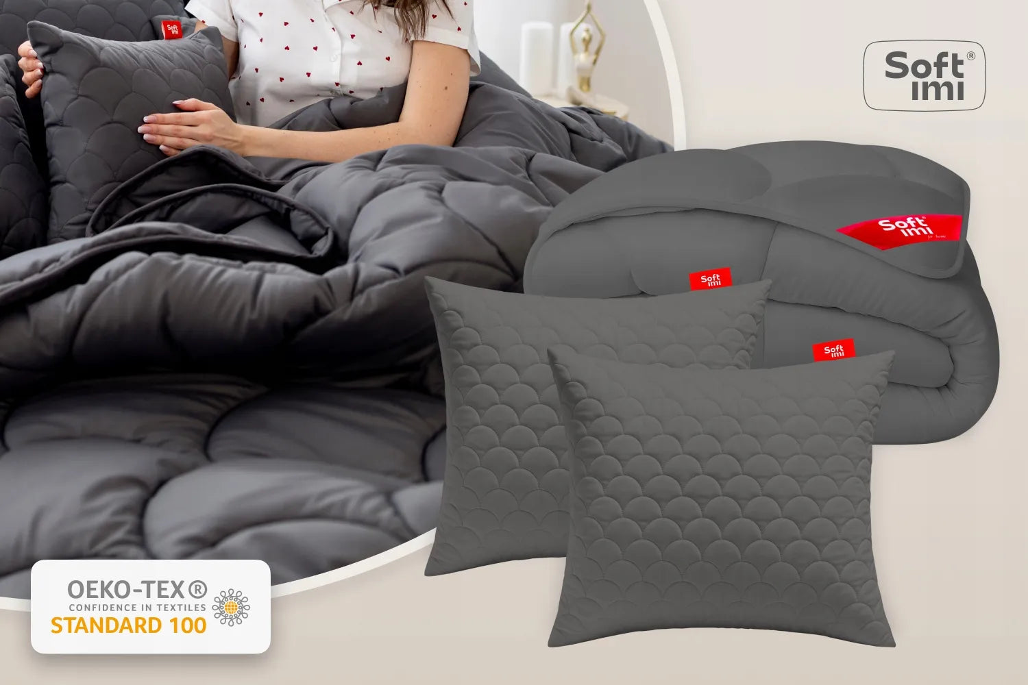 Visasezoninė antialerginė antklodė 200x220 + 2 pagalvės 70x80 pilkas komplektas