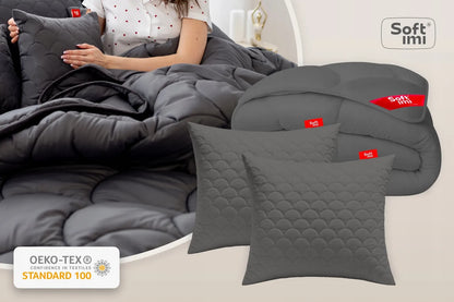 Visasezoninė antialerginė antklodė 200x220 + 2 pagalvės 70x80 pilkas komplektas