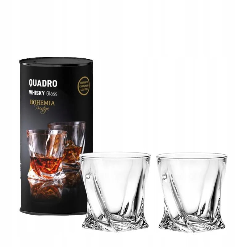 Viskio stiklinės Bohemia QUADRO 340 ml 2 vnt. dekoratyvioje tūbelėje – puiki dovana
