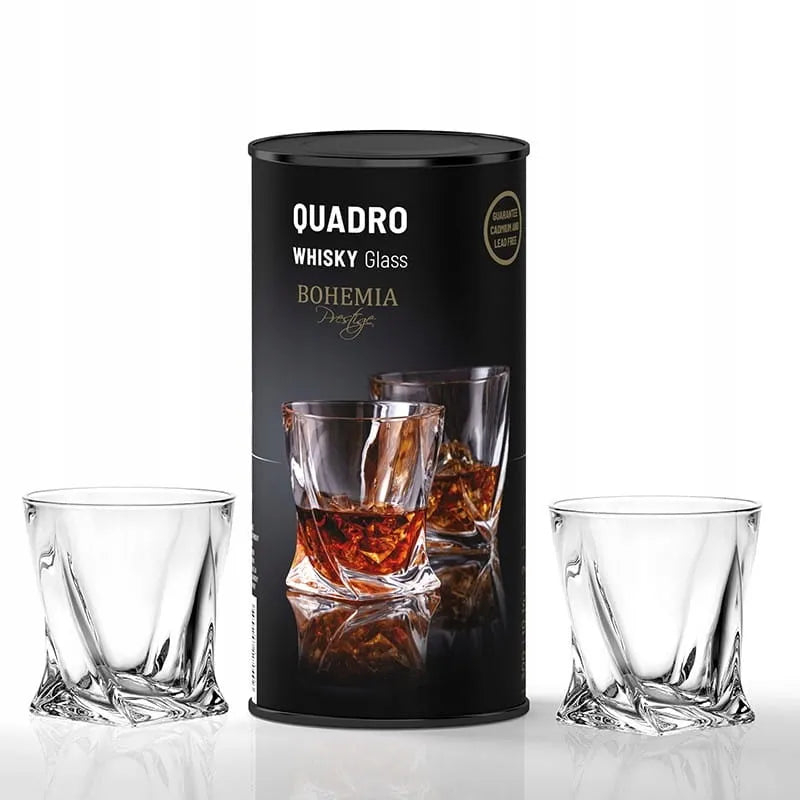 Viskio stiklinės Bohemia QUADRO 340 ml 2 vnt. dekoratyvioje tūbelėje – puiki dovana