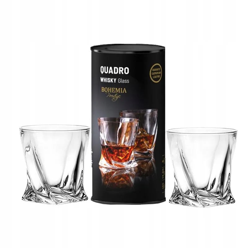 Viskio stiklinės Bohemia QUADRO 340 ml 2 vnt. dekoratyvioje tūbelėje – puiki dovana