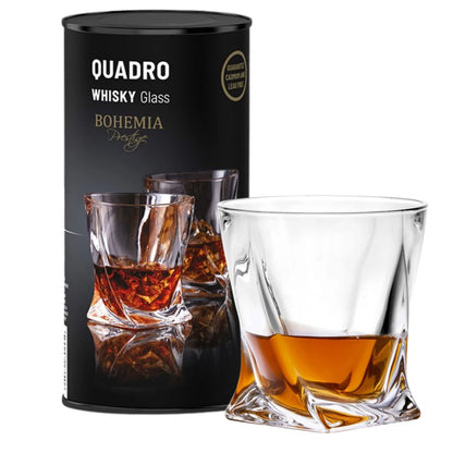 Viskio stiklinės Bohemia QUADRO 340 ml 2 vnt. dekoratyvioje tūbelėje – puiki dovana