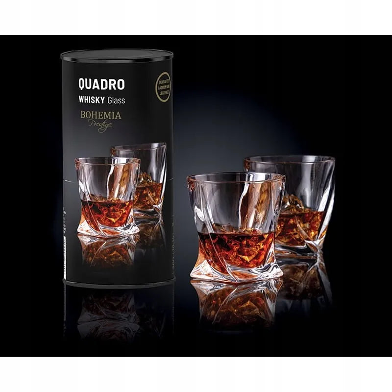 Viskio stiklinės Bohemia QUADRO 340 ml 2 vnt. dekoratyvioje tūbelėje – puiki dovana