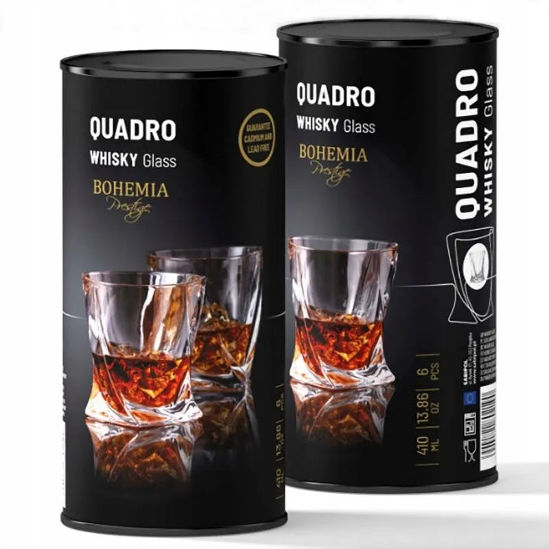 Viskio stiklinės Bohemia QUADRO 340 ml 2 vnt. dekoratyvioje tūbelėje – puiki dovana