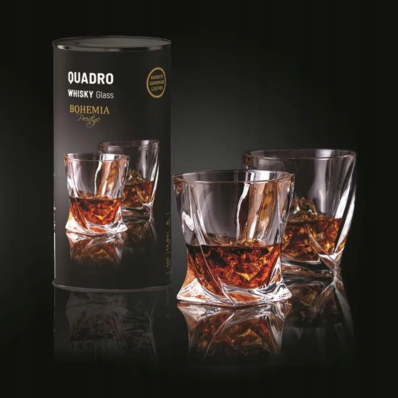 Viskio stiklinės Bohemia QUADRO 340 ml 2 vnt. dekoratyvioje tūbelėje – puiki dovana