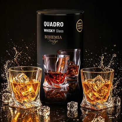 Viskio stiklinės Bohemia QUADRO 340 ml 2 vnt. dekoratyvioje tūbelėje – puiki dovana