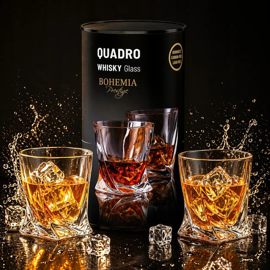 Viskio stiklinės Bohemia QUADRO 340 ml 2 vnt. dekoratyvioje tūbelėje – puiki dovana