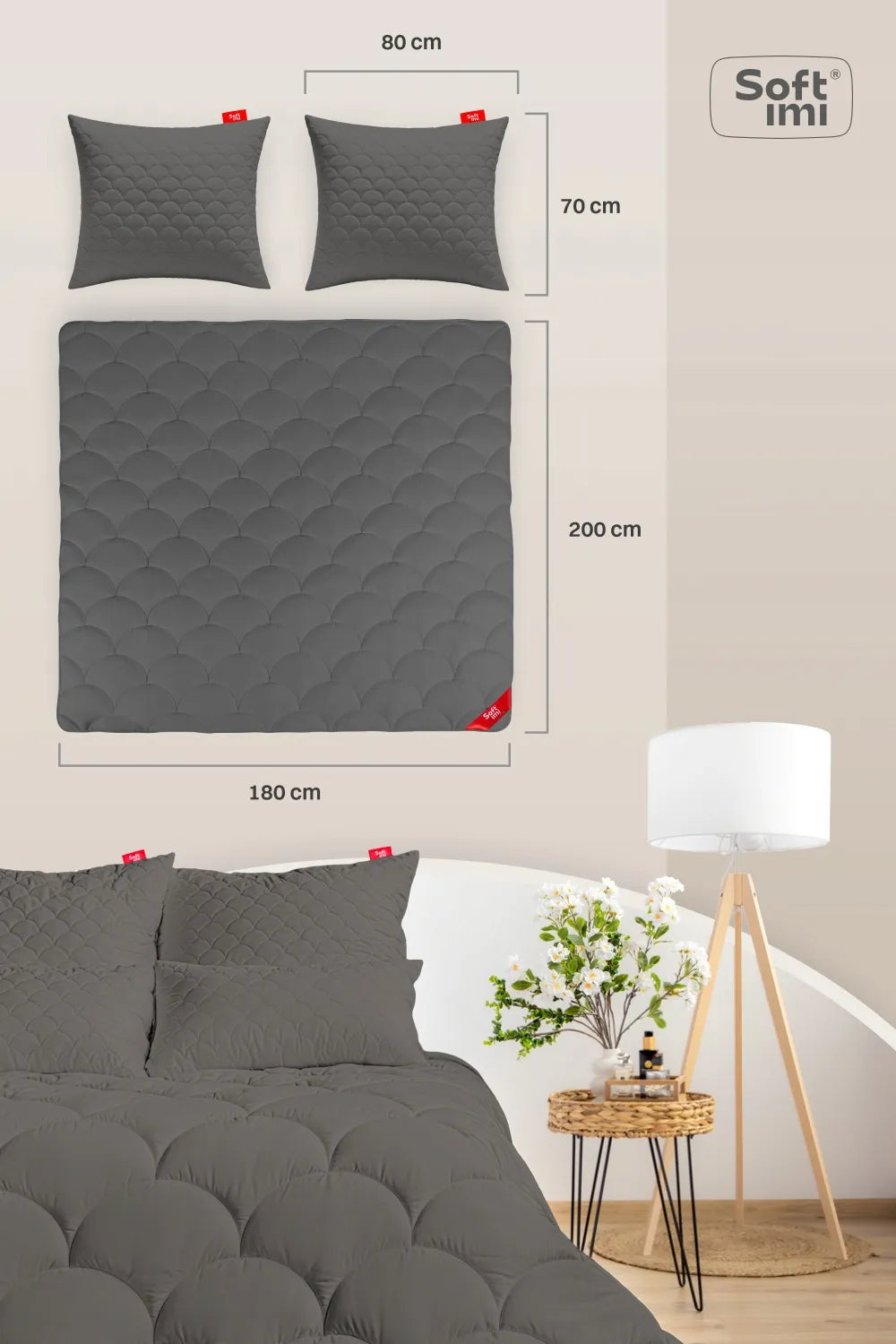 Visus metus naudojama antialerginė antklodė 180x200 + 2 pagalvės 70x80 pilkas komplektas