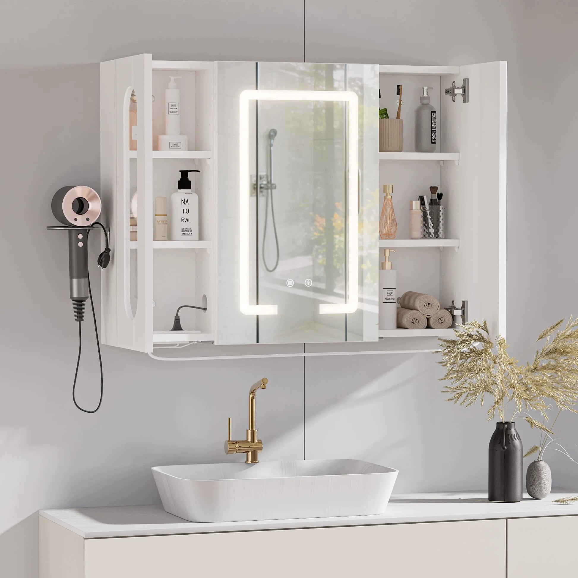 Vonios kambario spintelė su LED veidrodžiu 80x16x60 cm ANTI-FOG su lizdais